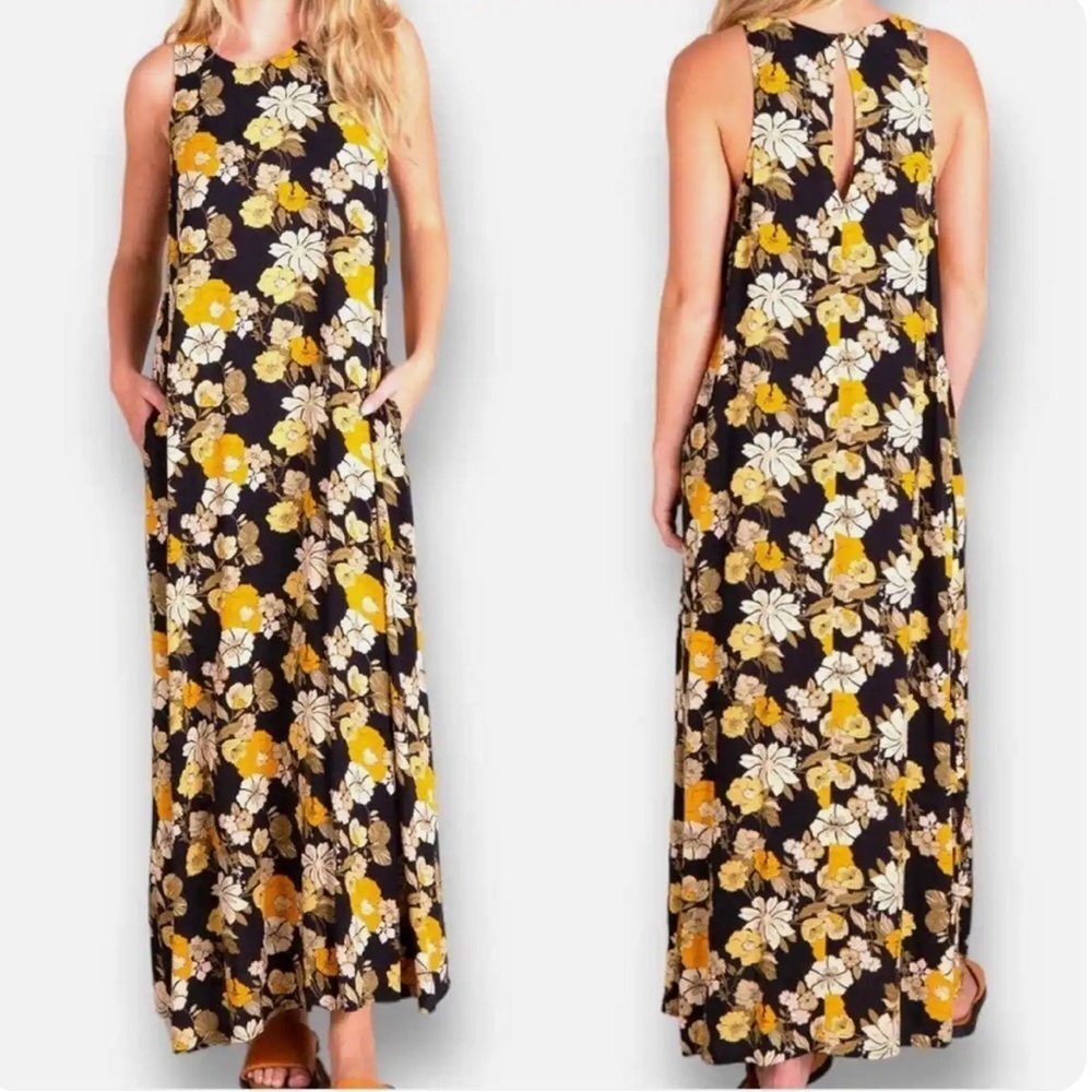 Natural Life Yellow Floral & Black Sleeveless Maxi Dress w/ Pockets SIZE MEDIUM